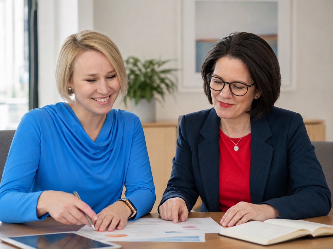 Anne Kühl und Sandra Reithmayr gemeinsam am Tisch im Gespräch